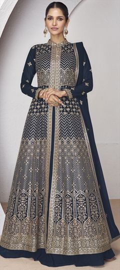 Reception, Wedding Blue color Long Lehenga Choli in Georgette fabric with Embroidered, Sequence, Thread work : 1946144