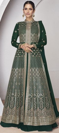Reception, Wedding Green color Long Lehenga Choli in Georgette fabric with Embroidered, Sequence, Thread work : 1946145