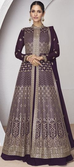 Reception, Wedding Purple and Violet color Long Lehenga Choli in Georgette fabric with Embroidered, Sequence, Thread work : 1946146