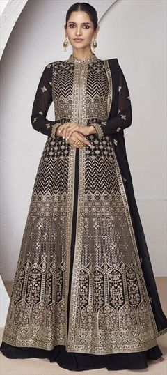 Reception, Wedding Black and Grey color Long Lehenga Choli in Georgette fabric with Embroidered, Sequence, Thread work : 1946147