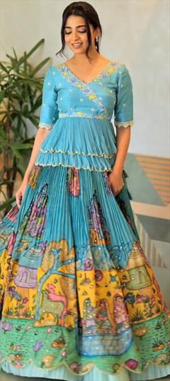 Festive, Reception Blue color Long Lehenga Choli in Crepe Silk fabric with Flared Embroidered, Thread work : 1946154