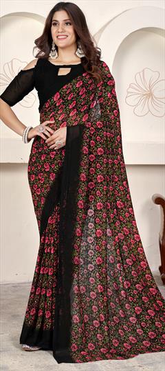 Casual Black and Grey color Saree in Faux Georgette fabric with Classic Floral, Printed work : 1946155