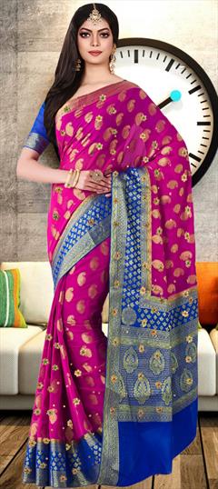 Engagement, Mehendi Sangeet, Wedding Pink and Majenta color Saree in Chiffon fabric with Classic Weaving, Zari work : 1946302