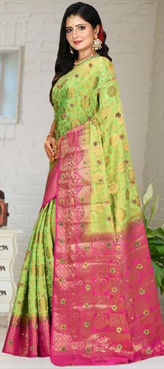 Mehendi Sangeet, Traditional, Wedding Green color Saree in Kanjeevaram Silk fabric with South Weaving, Zari work : 1946306
