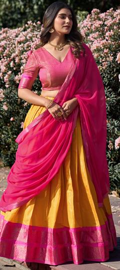 Engagement, Festive, Reception Yellow color Lehenga in Kanchipuram Silk fabric with Flared Weaving, Zari work : 1946326