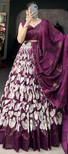 Festive, Reception Purple and Violet color Lehenga in Tussar Silk fabric with Flared Floral, Lace, Printed work : 1946327