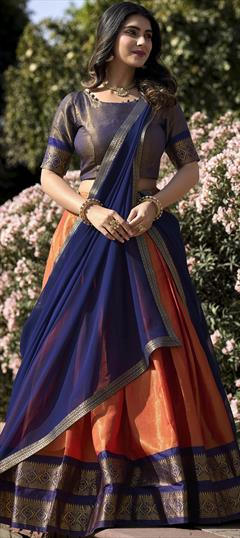 Engagement, Festive, Reception Orange color Lehenga in Kanchipuram Silk fabric with Flared Weaving, Zari work : 1946328