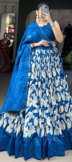 Festive, Reception Blue color Lehenga in Tussar Silk fabric with Flared Floral, Lace work : 1946329