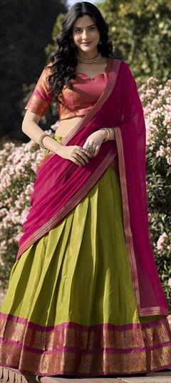 Engagement, Festive, Reception Green color Lehenga in Kanchipuram Silk fabric with Flared Weaving, Zari work : 1946330