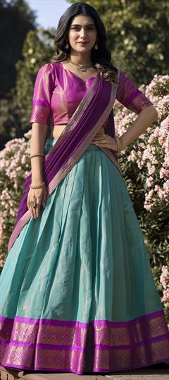 Engagement, Festive, Reception Blue color Lehenga in Kanchipuram Silk fabric with Flared Weaving, Zari work : 1946332