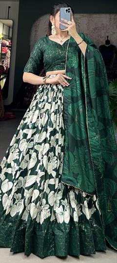 Festive, Reception Green color Lehenga in Tussar Silk fabric with Flared Floral, Lace work : 1946334