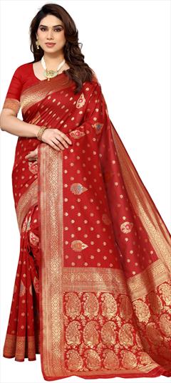 Festive, Traditional Red and Maroon color Saree in Jacquard fabric with South Weaving work : 1946382