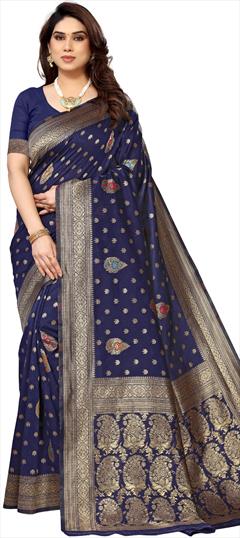 Festive, Traditional Blue color Saree in Jacquard fabric with South Weaving work : 1946384