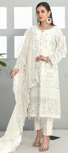 Festive, Party Wear White and Off White color Salwar Kameez in Faux Georgette fabric with Pakistani, Straight Embroidered, Resham, Thread work : 1946396