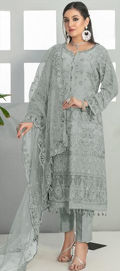 Festive, Party Wear Black and Grey color Salwar Kameez in Faux Georgette fabric with Pakistani, Straight Embroidered, Resham, Thread work : 1946404