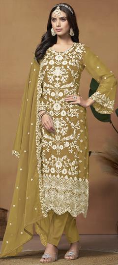 Festive, Party Wear Gold color Salwar Kameez in Organza Silk fabric with Pakistani, Straight Embroidered, Resham, Sequence, Thread work : 1946405