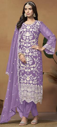 Festive, Party Wear Purple and Violet color Salwar Kameez in Organza Silk fabric with Pakistani, Straight Embroidered, Resham, Sequence, Thread work : 1946406