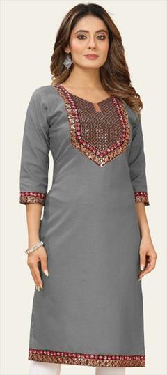 Casual Black and Grey color Kurti in Cotton fabric with Elbow Sleeve, Straight Patch work : 1946415
