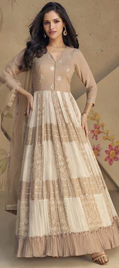 Festive, Mehendi Sangeet, Wedding Beige and Brown color Gown in Georgette fabric with Embroidered, Thread work : 1946438