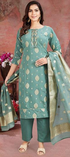 Festive, Mehendi Sangeet, Reception Green color Salwar Kameez in Silk fabric with Straight Cut Dana, Gota Patti, Weaving work : 1946445