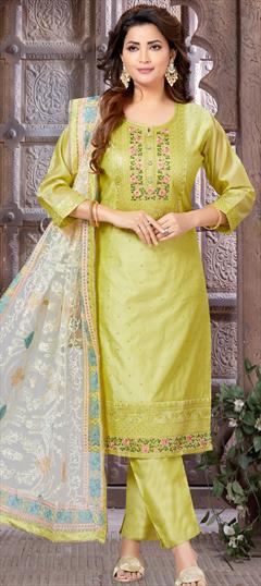 Festive, Mehendi Sangeet, Reception Green color Salwar Kameez in Silk fabric with Straight Embroidered, Resham, Sequence, Thread work : 1946452