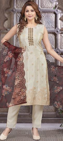 Festive, Mehendi Sangeet, Reception Beige and Brown color Salwar Kameez in Silk fabric with Straight Embroidered, Mirror, Zardozi work : 1946453