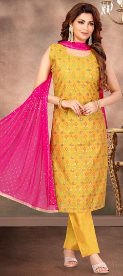 Festive, Mehendi Sangeet, Reception Yellow color Salwar Kameez in Silk fabric with Straight Embroidered, Mirror work : 1946454