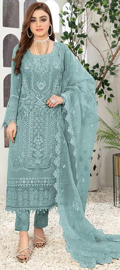 Festive, Party Wear Blue color Salwar Kameez in Faux Georgette fabric with Pakistani, Straight Embroidered, Resham, Thread work : 1946477