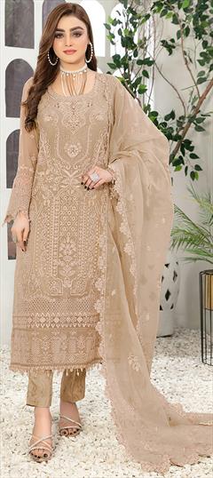 Festive, Party Wear Beige and Brown color Salwar Kameez in Faux Georgette fabric with Pakistani, Straight Embroidered, Resham, Thread work : 1946478