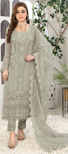 Festive, Party Wear Beige and Brown color Salwar Kameez in Faux Georgette fabric with Pakistani, Straight Embroidered, Resham, Thread work : 1946479