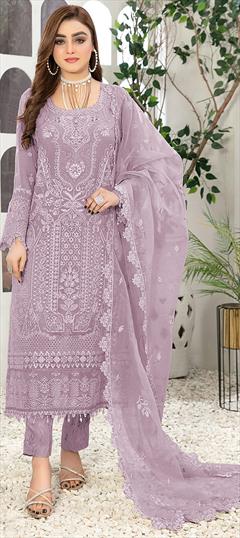Festive, Party Wear Purple and Violet color Salwar Kameez in Faux Georgette fabric with Pakistani, Straight Embroidered, Resham, Thread work : 1946480