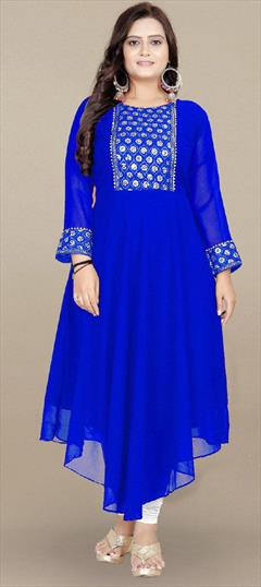 Summer Blue color Kurti in Cotton fabric with Asymmetrical, Long Sleeve Embroidered, Thread work : 1946498