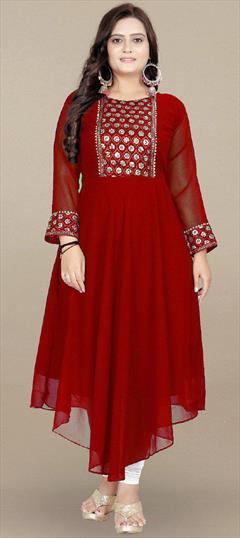 Summer Red and Maroon color Kurti in Cotton fabric with Asymmetrical, Long Sleeve Embroidered, Thread work : 1946501