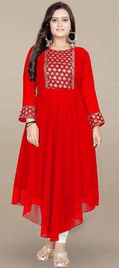 Summer Red and Maroon color Kurti in Cotton fabric with Asymmetrical, Long Sleeve Embroidered, Thread work : 1946503