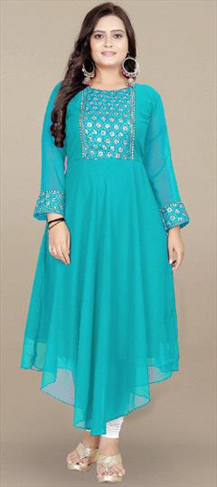 Summer Blue color Kurti in Cotton fabric with Asymmetrical, Long Sleeve Embroidered, Thread work : 1946504