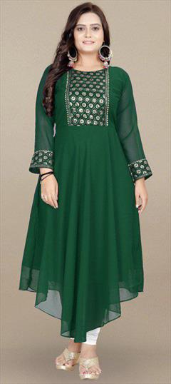 Summer Green color Kurti in Cotton fabric with Asymmetrical, Long Sleeve Embroidered, Thread work : 1946505