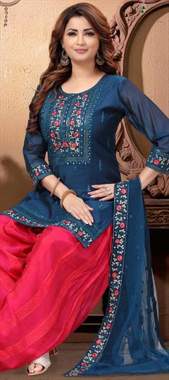 Festive, Reception, Wedding Blue color Salwar Kameez in Silk fabric with Patiala, Straight Embroidered, Resham, Sequence, Thread work : 1946512