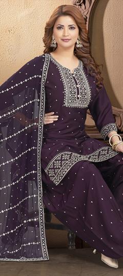 Festive, Reception, Wedding Purple and Violet color Salwar Kameez in Silk fabric with Patiala, Straight Embroidered, Resham, Sequence, Thread work : 1946518