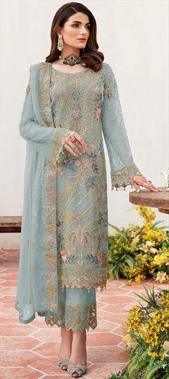 Festive, Reception Blue color Salwar Kameez in Faux Georgette fabric with Pakistani, Straight Embroidered, Thread work : 1946519