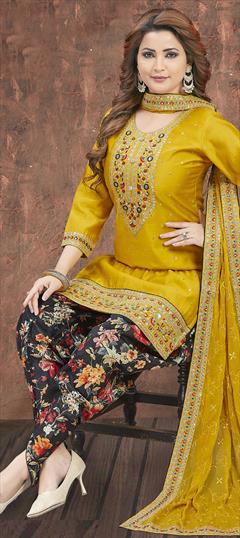 Festive, Reception, Wedding Yellow color Salwar Kameez in Silk fabric with Patiala, Straight Embroidered, Resham, Sequence, Thread work : 1946522