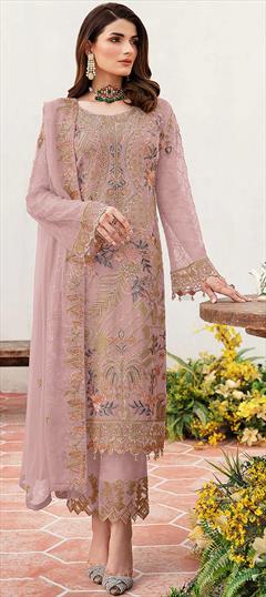 Festive, Reception Pink and Majenta color Salwar Kameez in Faux Georgette fabric with Pakistani, Straight Embroidered, Thread work : 1946523