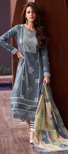 Summer Black and Grey color Salwar Kameez in Cotton fabric with Pakistani, Straight Digital Print, Lace work : 1946524