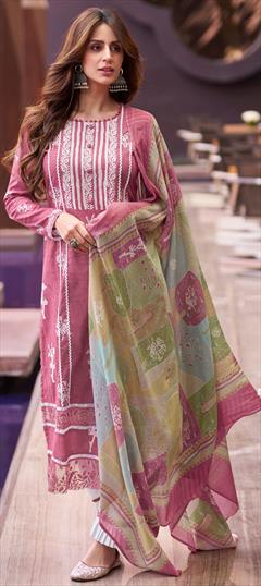 Summer Pink and Majenta color Salwar Kameez in Cotton fabric with Straight Digital Print, Lace work : 1946526