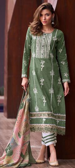 Summer Green color Salwar Kameez in Cotton fabric with Pakistani, Straight Digital Print, Lace work : 1946528