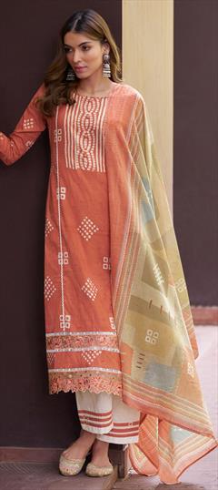 Summer Beige and Brown color Salwar Kameez in Cotton fabric with Pakistani, Straight Digital Print, Lace work : 1946530