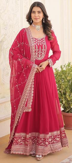 Festive, Mehendi Sangeet, Wedding Pink and Majenta color Gown in Faux Georgette fabric with Embroidered, Sequence work : 1946550