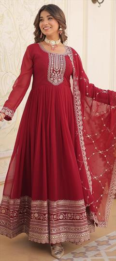 Festive, Mehendi Sangeet, Wedding Red and Maroon color Gown in Faux Georgette fabric with Embroidered, Sequence work : 1946551