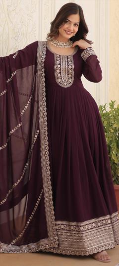 Festive, Mehendi Sangeet, Wedding Purple and Violet color Gown in Faux Georgette fabric with Embroidered, Sequence work : 1946552