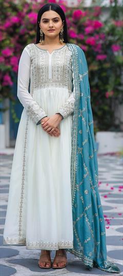 Festive, Reception White and Off White color Salwar Kameez in Art Silk fabric with Anarkali Embroidered, Sequence work : 1946571