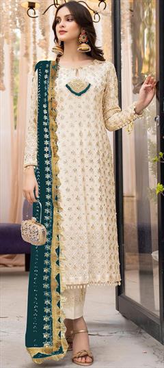 Festive, Party Wear White and Off White color Salwar Kameez in Faux Georgette fabric with Straight Embroidered, Patch, Sequence, Thread work : 1946577